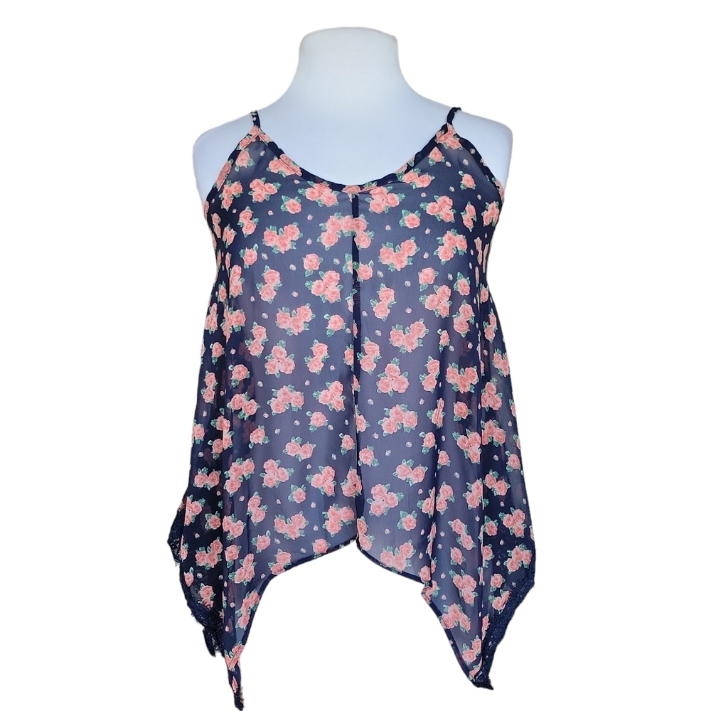 Soprano Navy Blue and Pink Floral Sheer Flowy Tank Women's Size S
